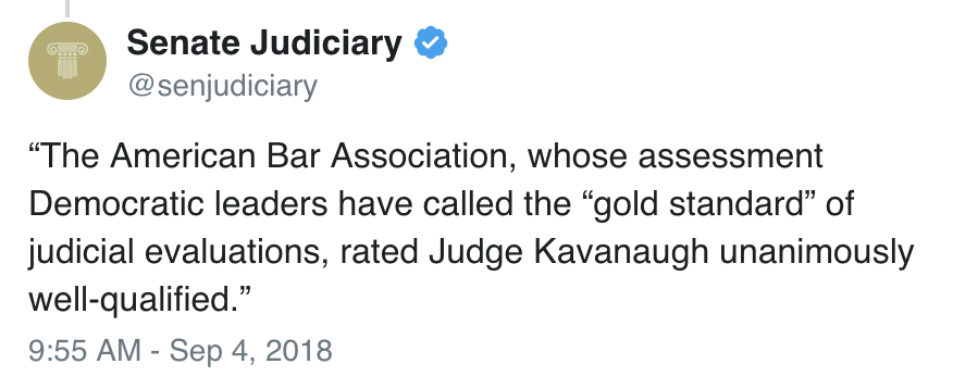 Twitter user @senjudiciary on September 4, 2018: “The American Bar Association, whose assessment Democratic leaders have called the “gold standard” of judicial evaluations, rated Judge Kavanaugh unanimously well-qualified.”