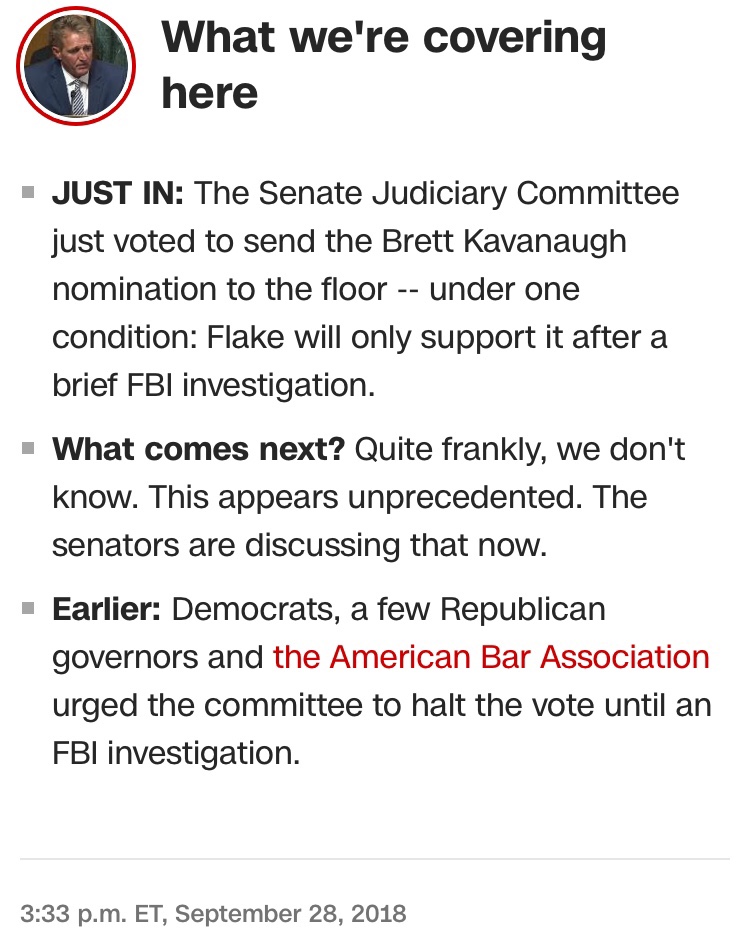 CNN, September 28, 2018: "What comes next? Quite frankly, we don't know. This appears unprecedented. The senators are discussing that now."